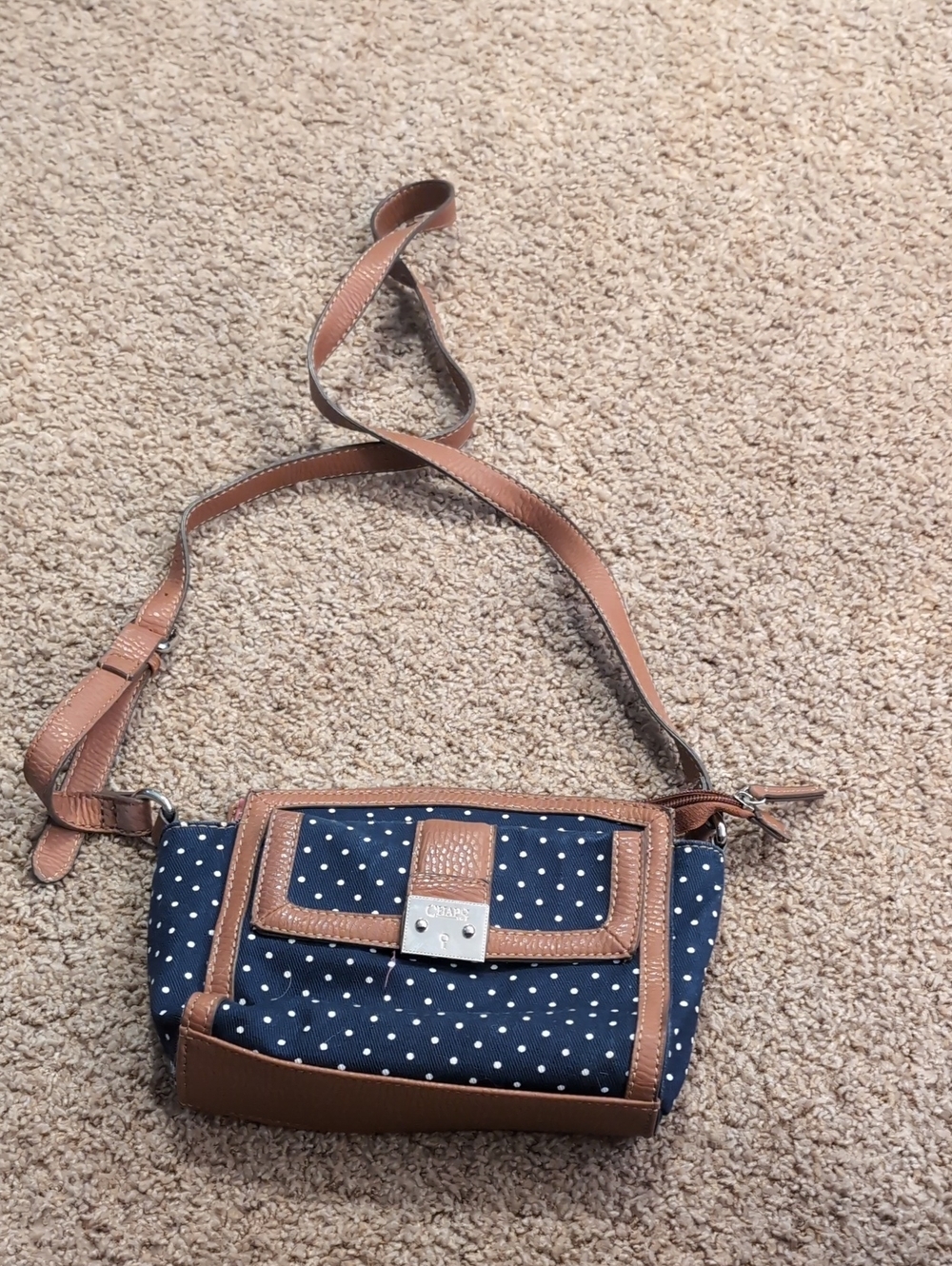 Ralph Lauren Navy Polka Dot Crossbody with Brown Trim